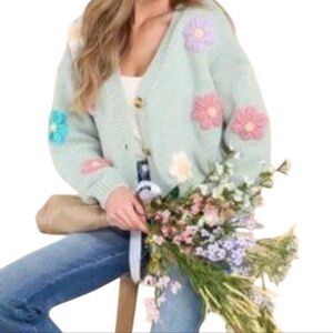 Nwot Luna Ivy Mint Green Retro Chunk Longsleeve 3d Pastel Flowers Cardigan